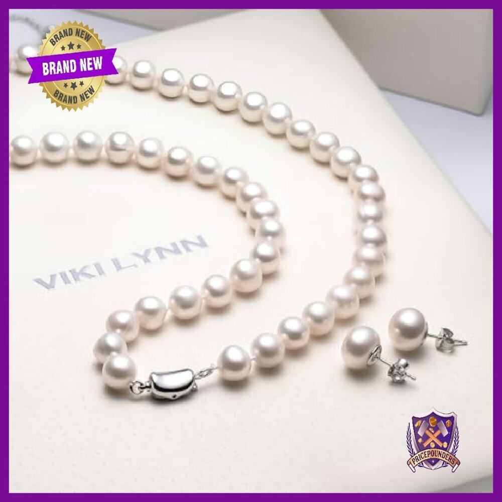 Freshwater Pearl Necklace Bracelet Earrings Set Sterling Silver 18K Gold Plated - Picture 6 of 8